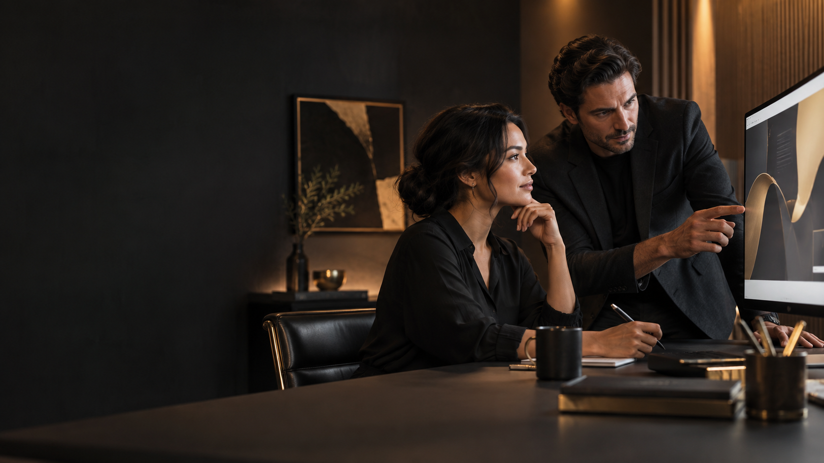 Small-business owner and digital strategist reviewing a website together